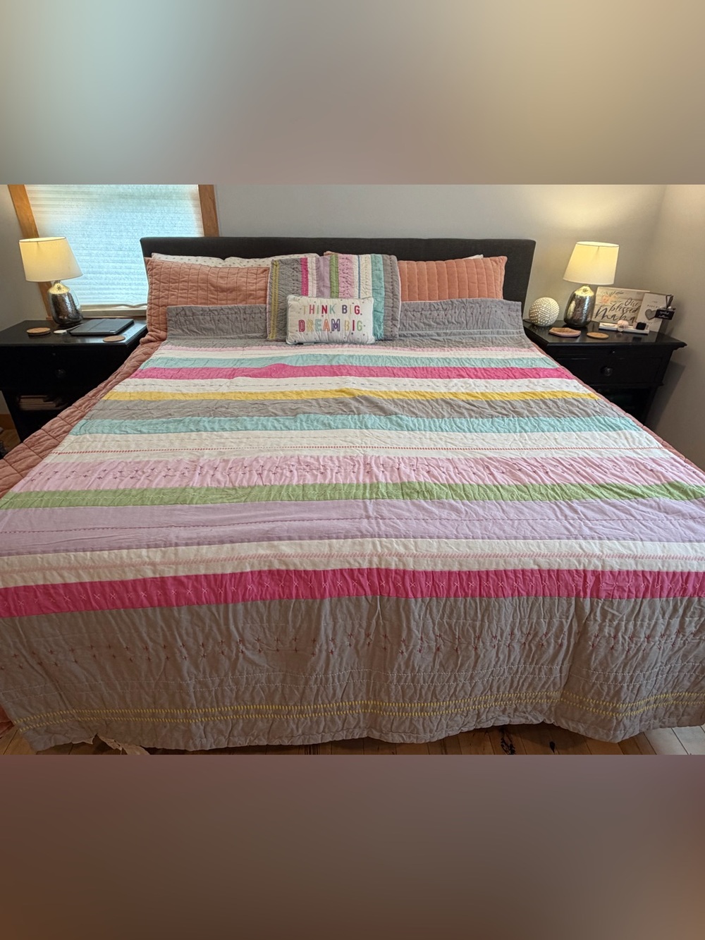 Pottery Barn Kids Striped Pastel Quilt Bedspread - Multi Pink & Gray